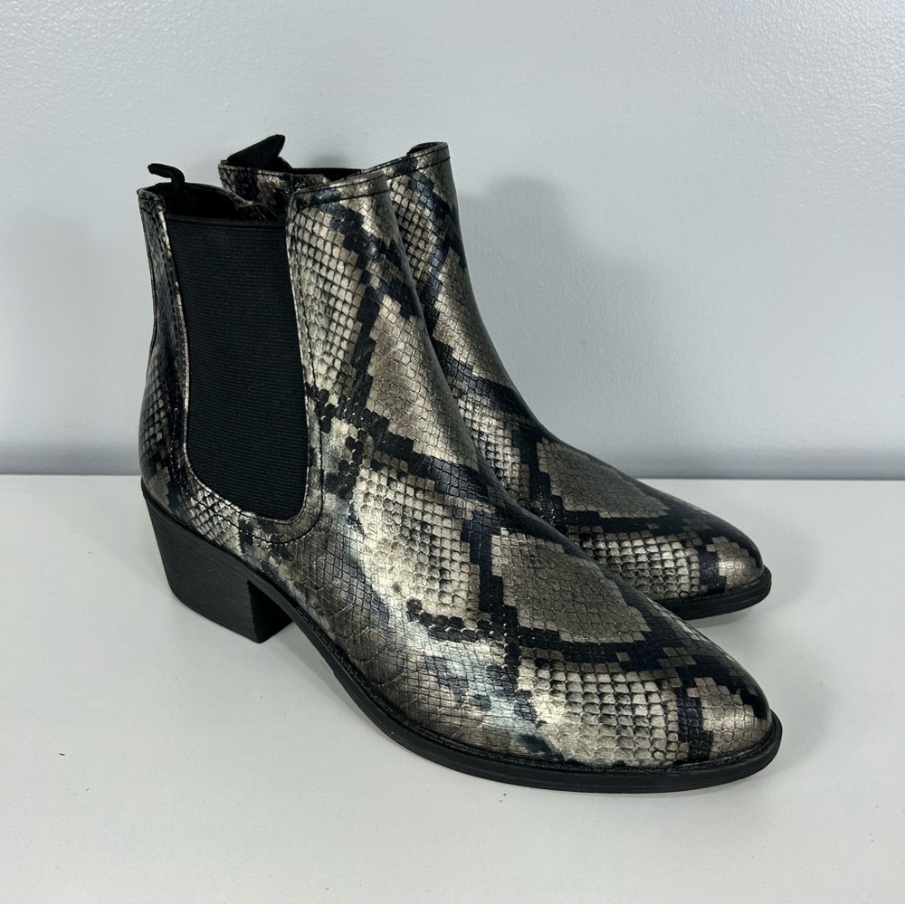 VOLATILE snake print metallic ankle boots